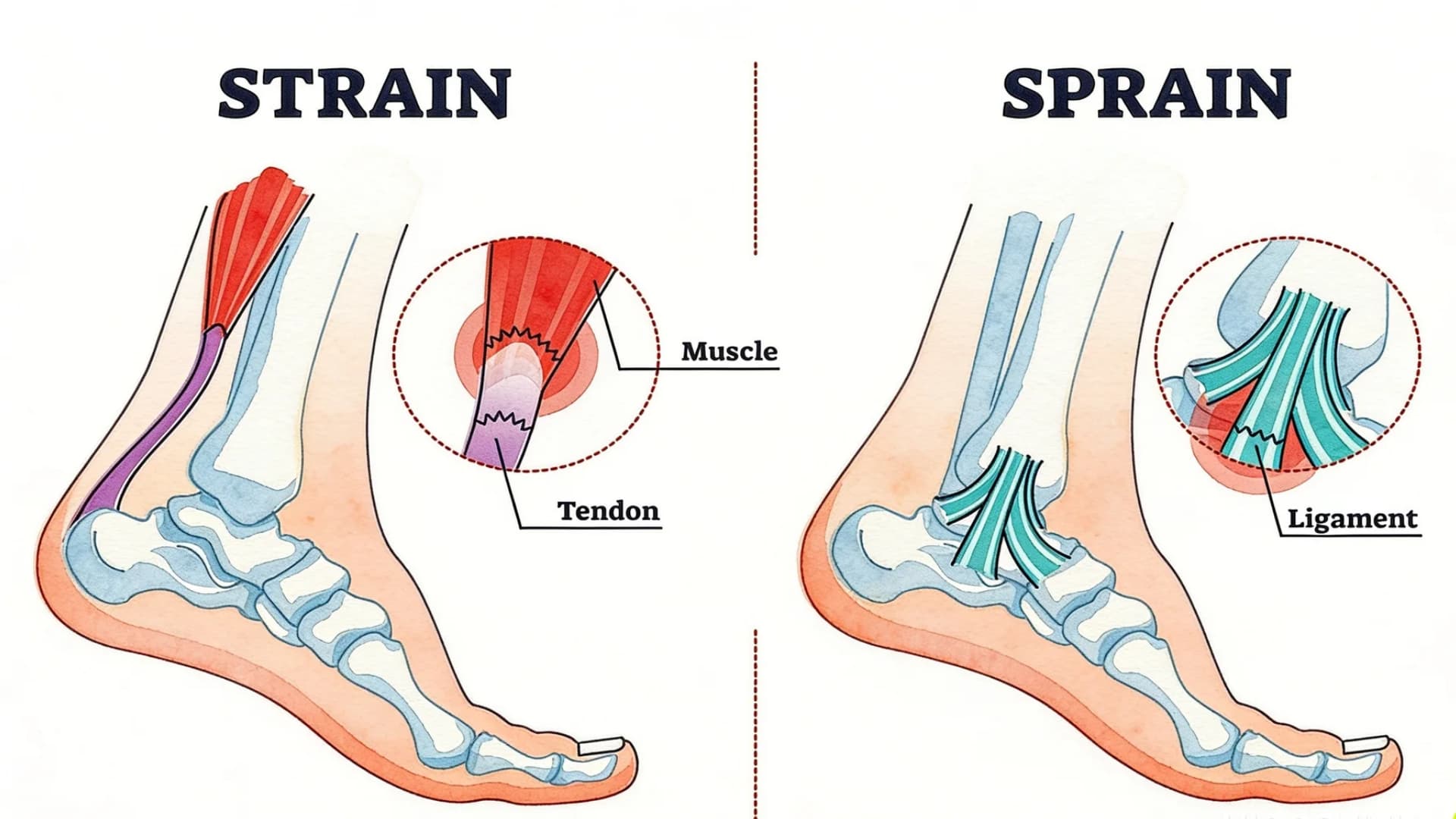 An anatomical diagram comparing a muscle/tendon strain to a ligament sprain in the foot and ankle.