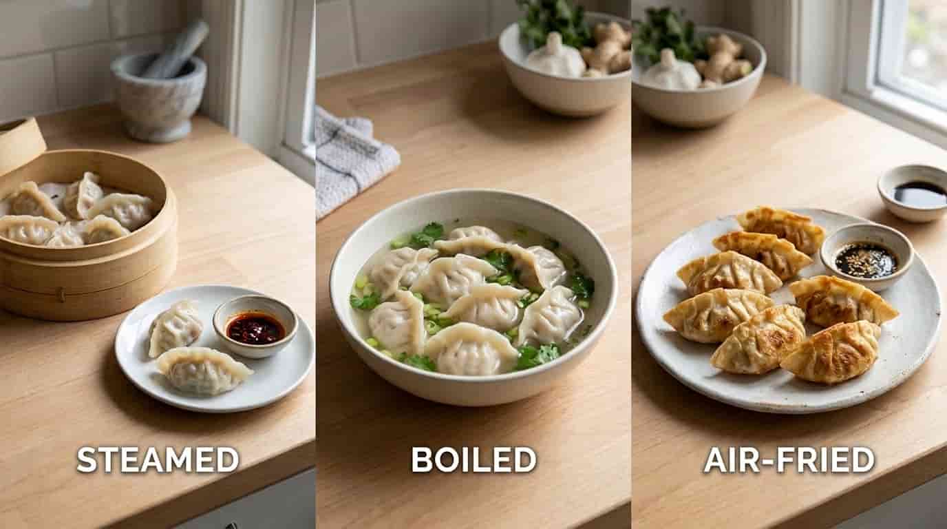 Steamed, boiled, and air-fried dumplings showing different cooking methods.