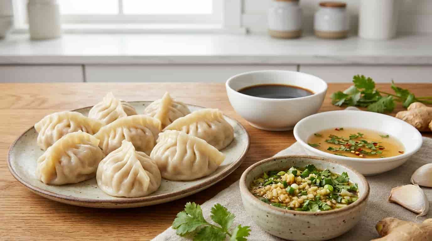 Steamed dumplings with low-sodium sauces and fresh herbs.