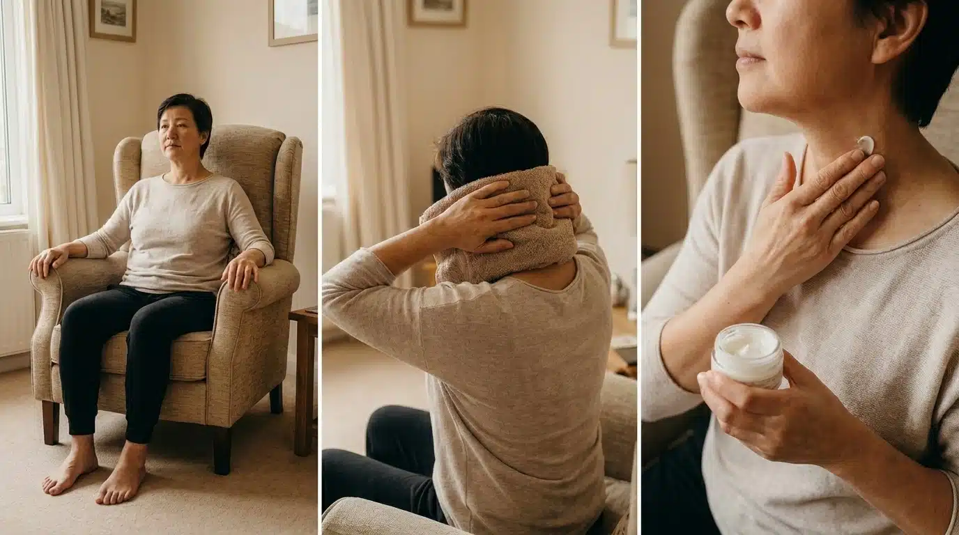Steps showing how to prepare for a neck massage with proper posture, warming muscles, and applying lotion before self-massage