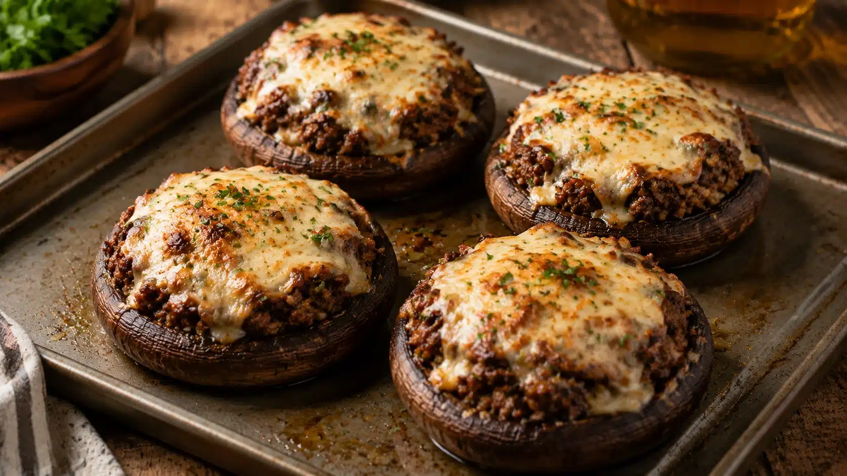 Stuffed portobello mushrooms topped with melted cheese and savory meat filling on a baking tray.