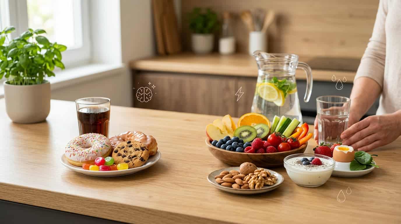 Balanced foods and sugary snacks representing sugar detox symptoms and dietary changes.