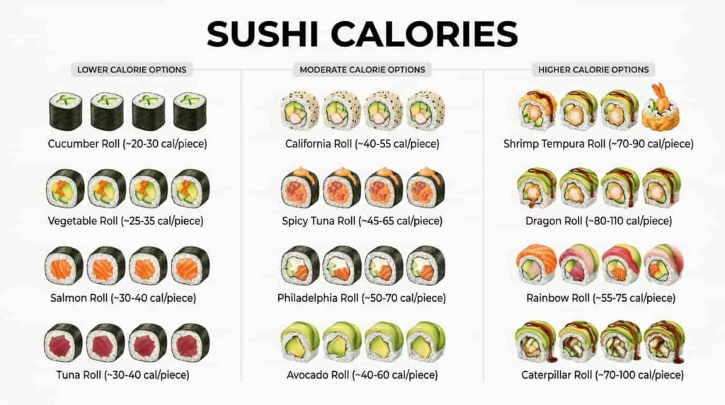 Sushi calorie comparison chart showing different sushi rolls with calorie amounts.