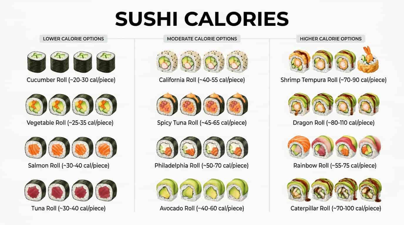 Sushi calorie comparison chart showing different sushi rolls with calorie amounts.
