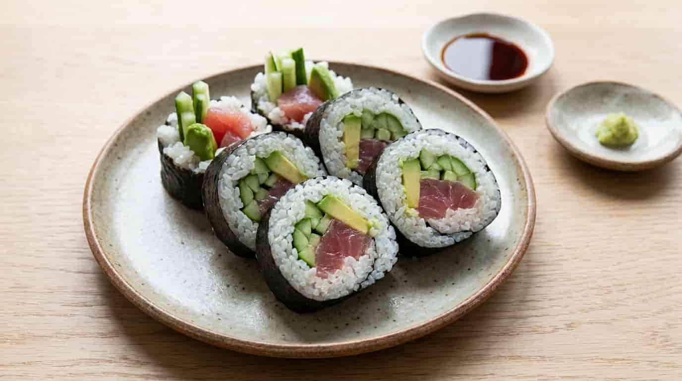 Sushi roll portion comparison showing a large specialty roll and smaller simple rolls on a plate.
