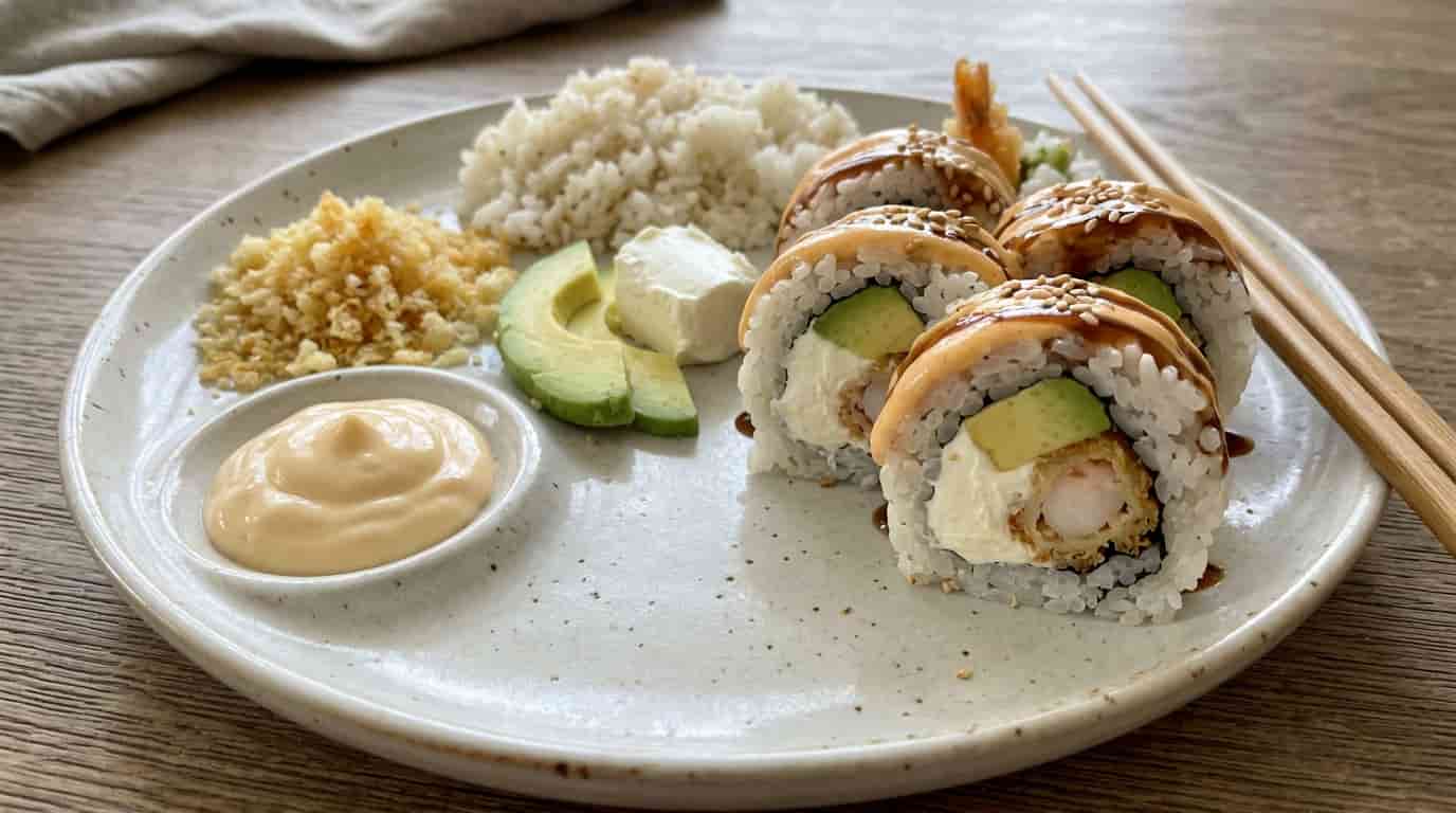 Sushi rolls with rice, sauces, tempura, avocado, and creamy fillings that add calories.