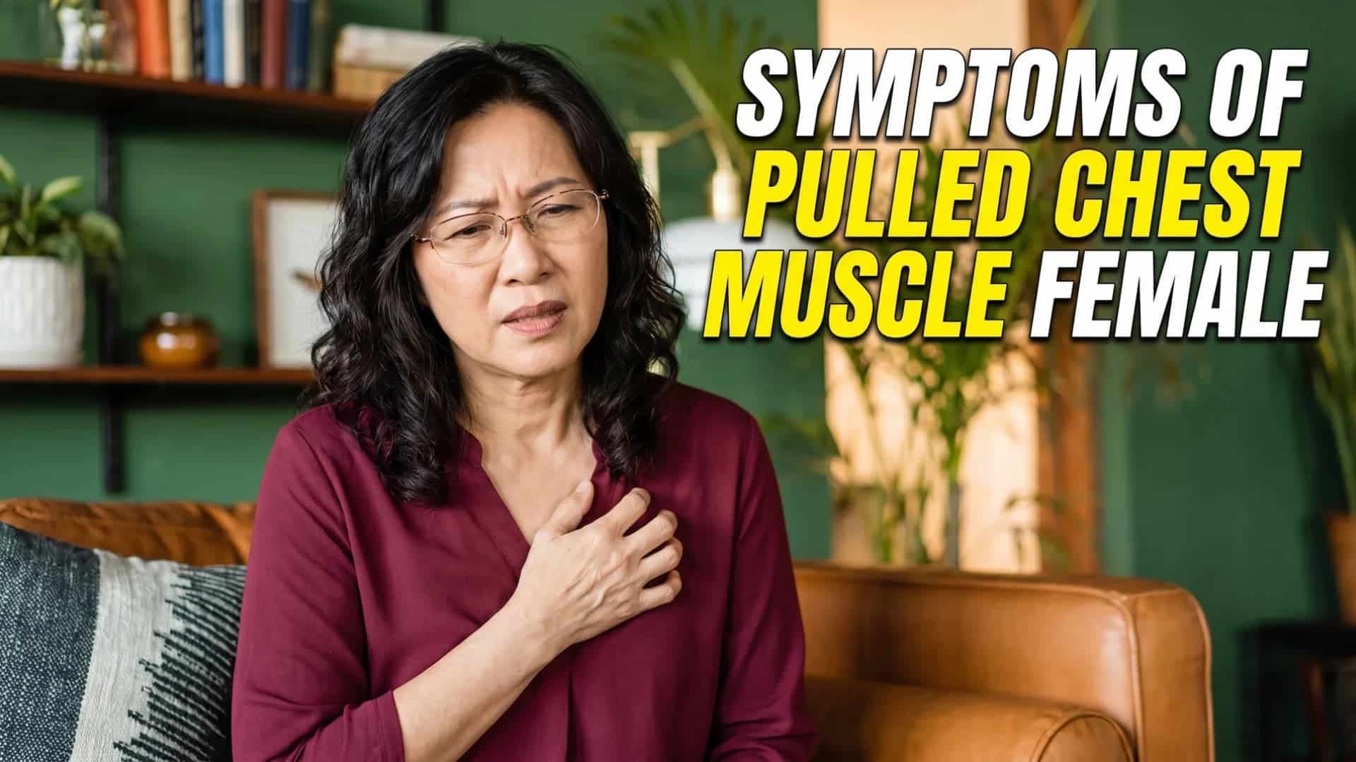 Woman holding her chest in discomfort, with text overlay reading "SYMPTOMS OF PULLED CHEST MUSCLE FEMALE."