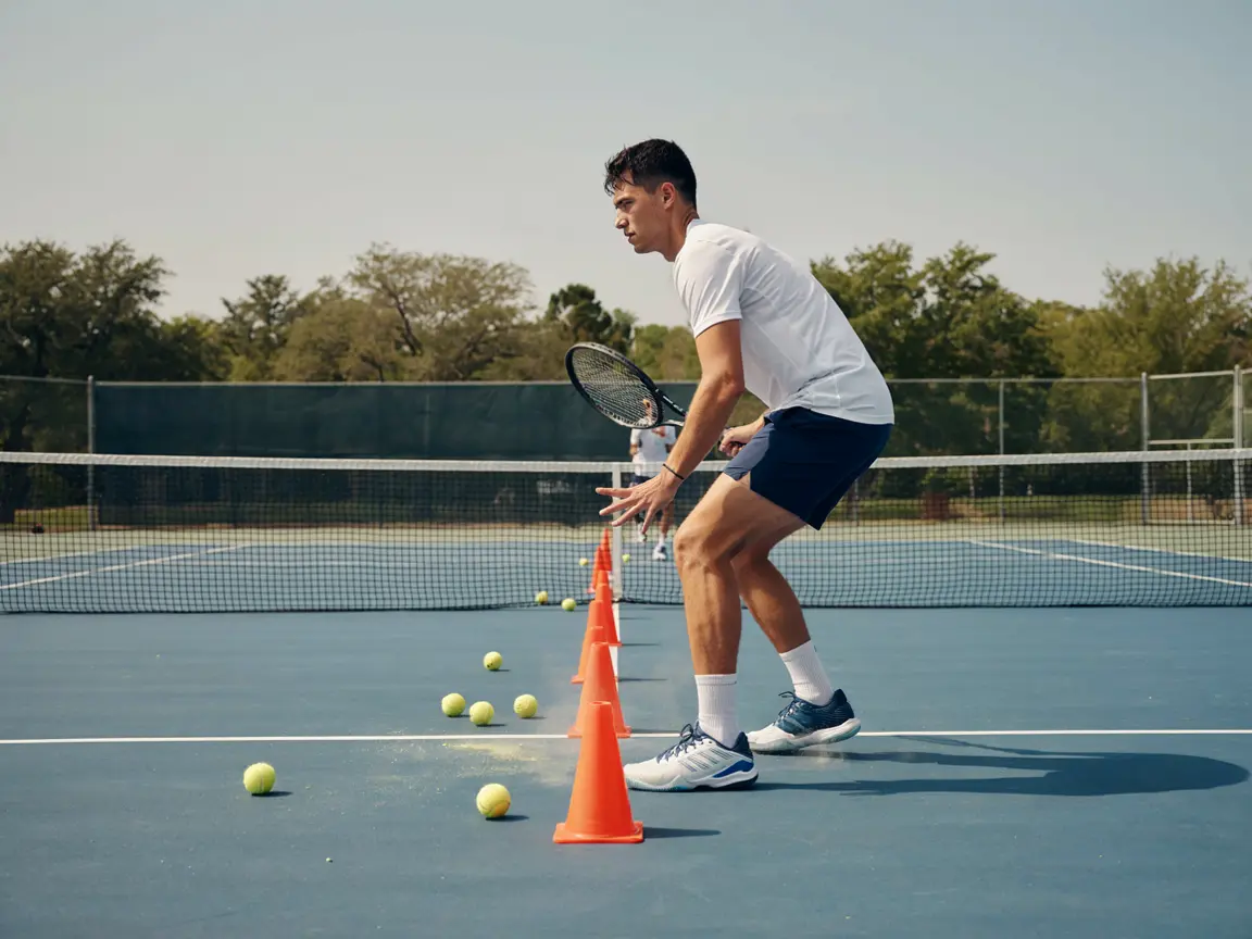 Tennis player completing cone footwork drills to improve court speed and movement control.