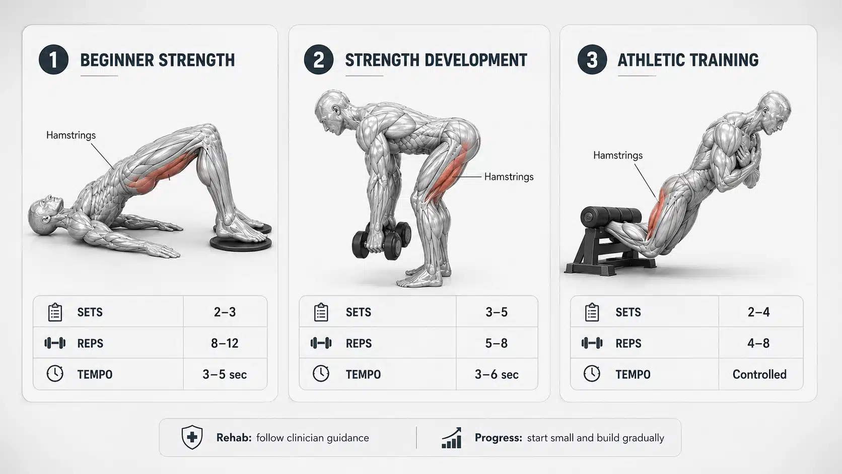 Three-panel hamstring training graphic showing beginner, strength, and athletic goals with sets, reps, tempo, and highlighted muscles.