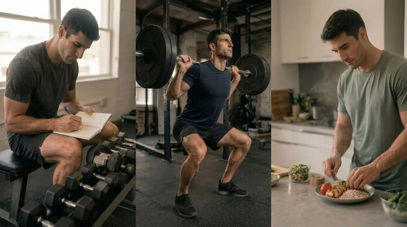 Three-panel image showing a person planning, performing, tracking, and supporting a PHUL workout routine with training and nutrition habits