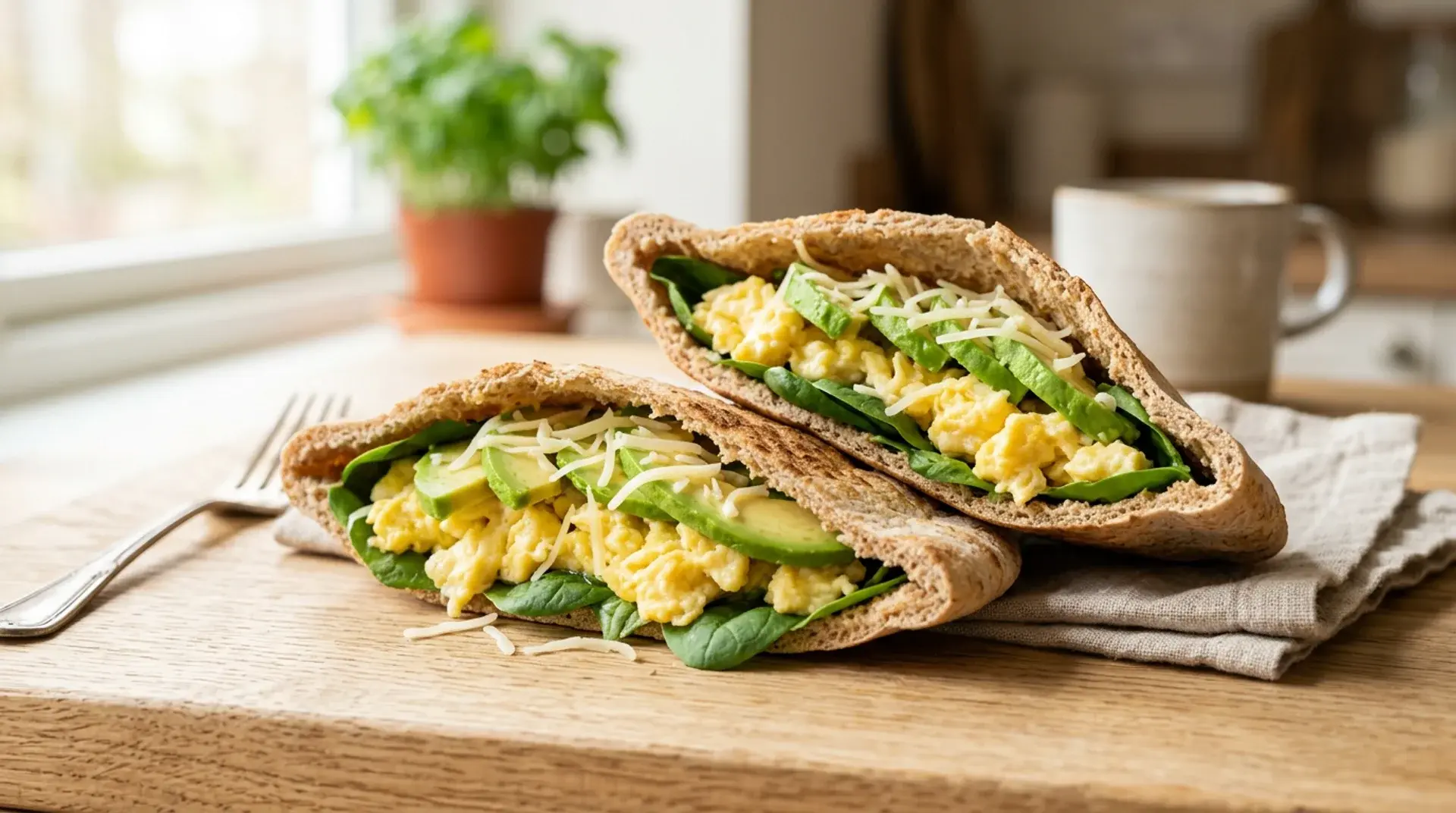 Toasted pita filled with scrambled eggs, spinach, avocado, and a light sprinkle of cheese.