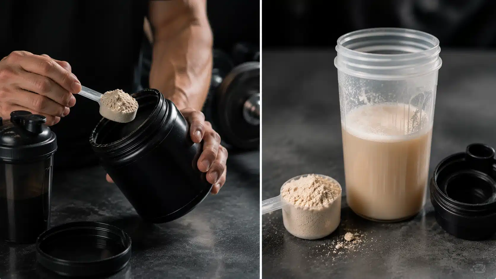 Two panel image showing pre workout powder inspection and mixing test to check if the supplement has gone bad.