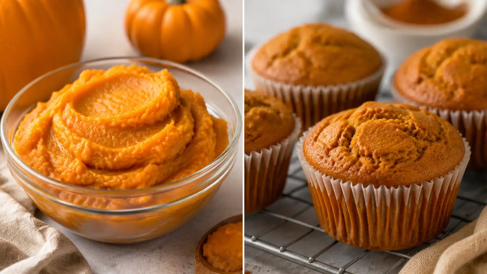 Two-panel image showing pumpkin puree in a bowl and freshly baked pumpkin muffins for a healthy muffin recipe.