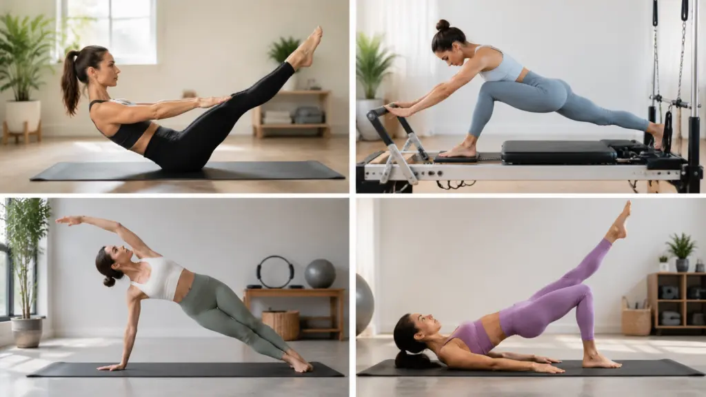 Four women practicing different types of Pilates including mat, reformer, clinical, and power Pilates exercises.