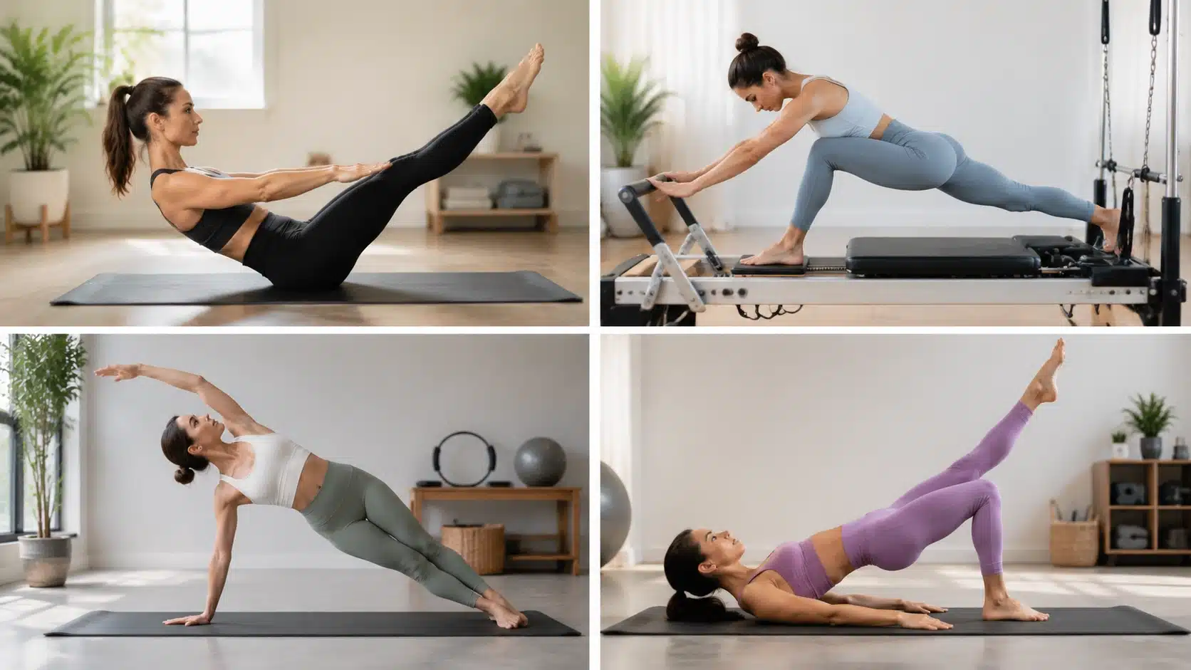 Four women practicing different types of Pilates including mat, reformer, clinical, and power Pilates exercises.