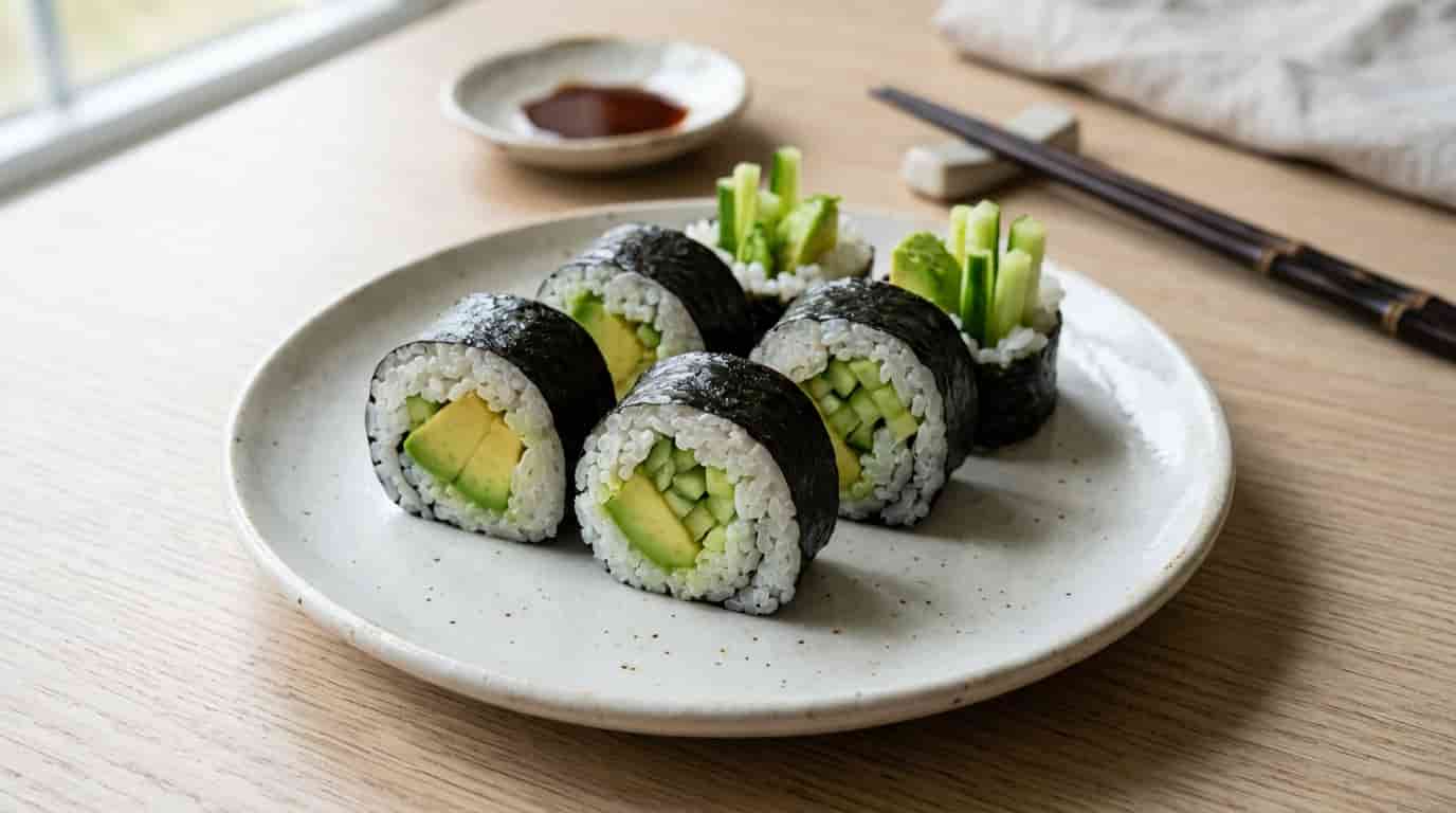 Vegetable and avocado sushi roll pieces with cucumber, avocado, rice, and nori on a plate.