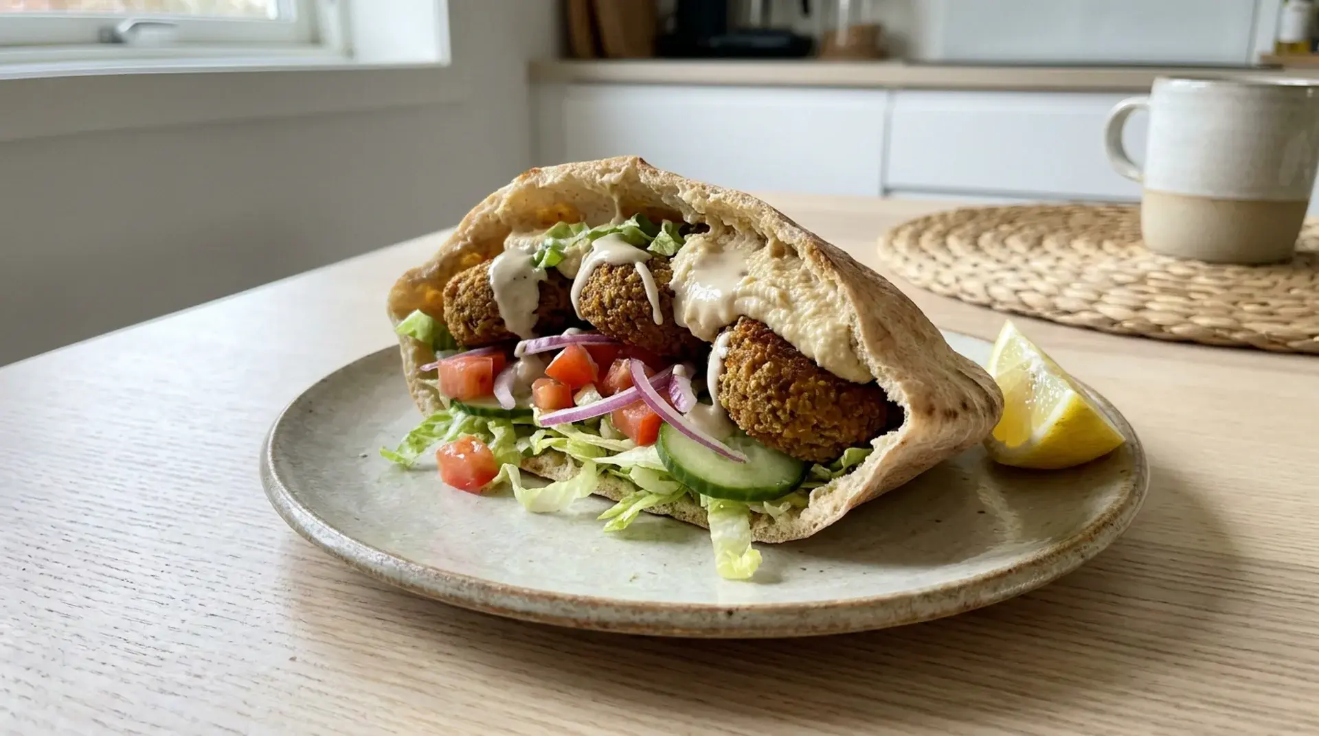 Warm pita filled with falafel, hummus, lettuce, tomato, onion, and cucumber.