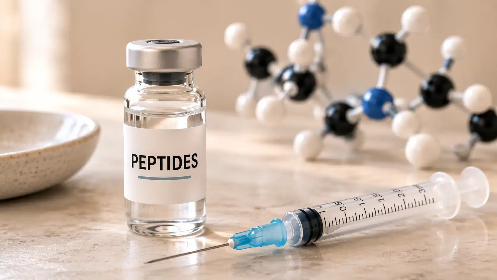 Peptide vial with syringe and molecular model arranged on a clean laboratory-style surface.