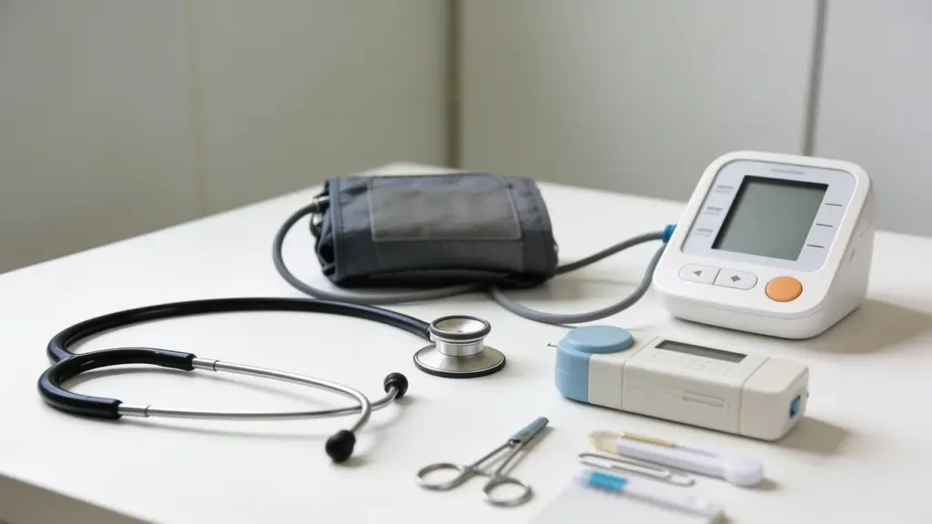 Medical examination equipment including a blood pressure monitor, cuff, stethoscope, and syringes arranged on a white medical table.