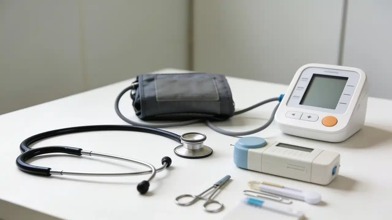 Medical examination equipment including a blood pressure monitor, cuff, stethoscope, and syringes arranged on a white medical table.