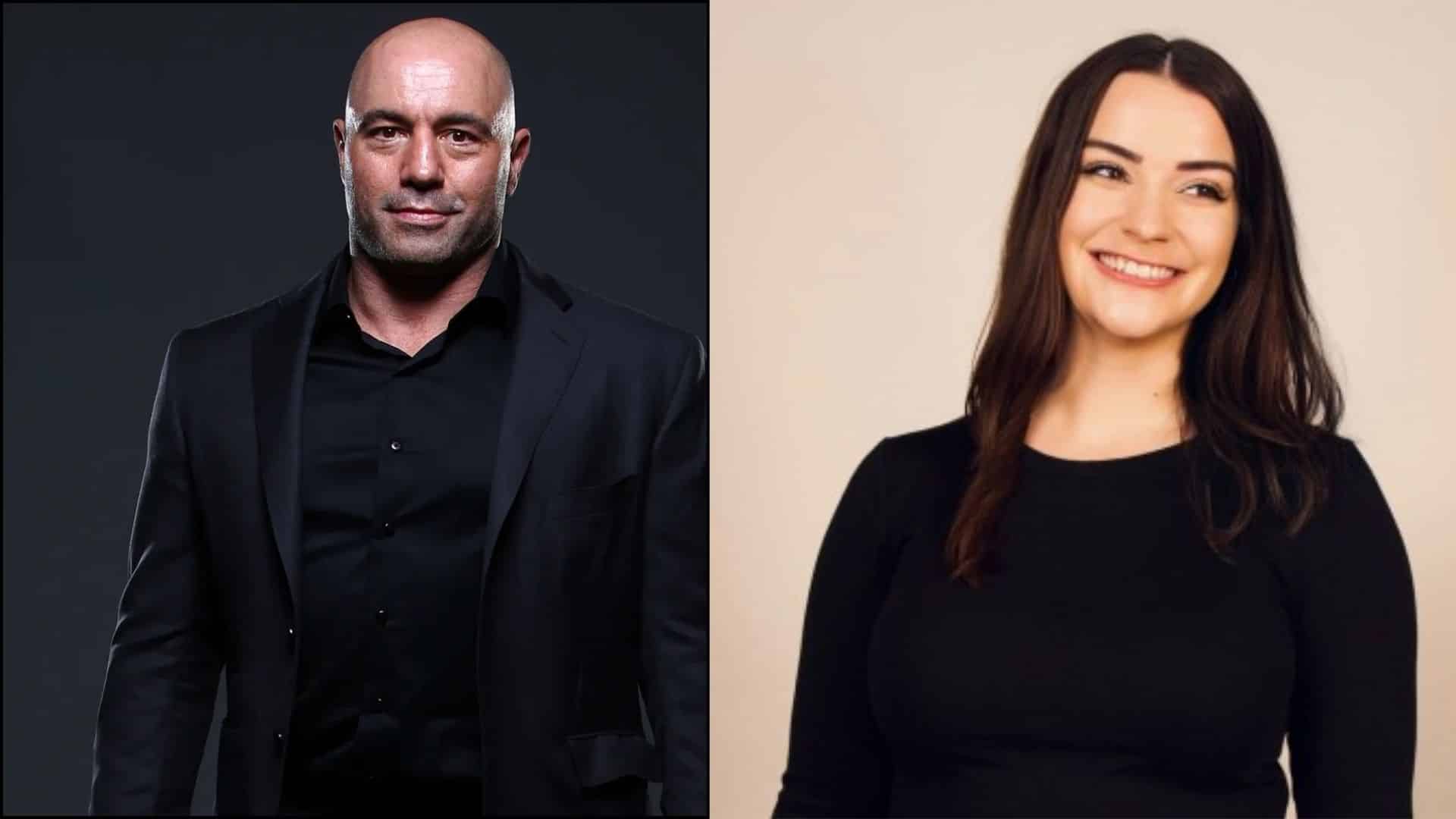 Joe Rogan and Alexa Mikhail discussing cold plunging benefits in a split-screen image.