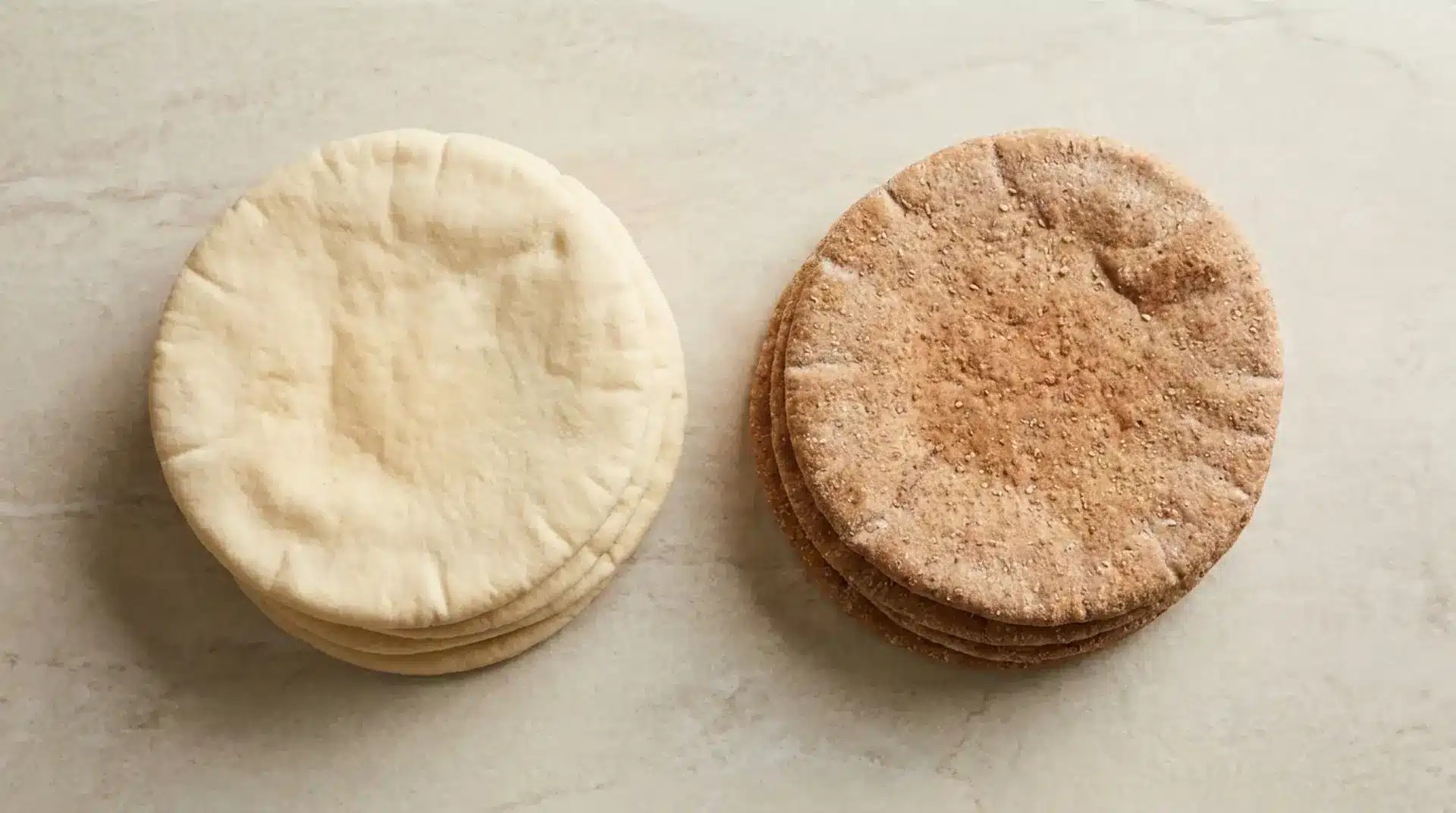 White pita and whole wheat pita bread comparison showing different textures and colors.