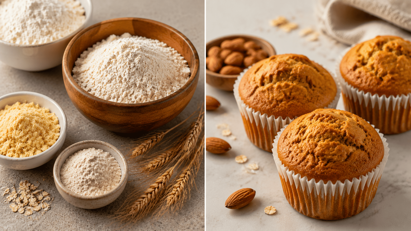 Whole wheat flour, oat flour, almond flour, and pumpkin muffins arranged to show healthier baking flour alternatives