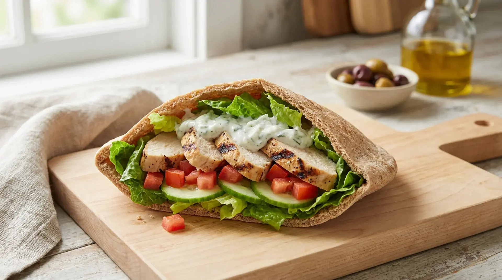 Whole wheat pita filled with grilled chicken, lettuce, tomato, cucumber, and tzatziki.