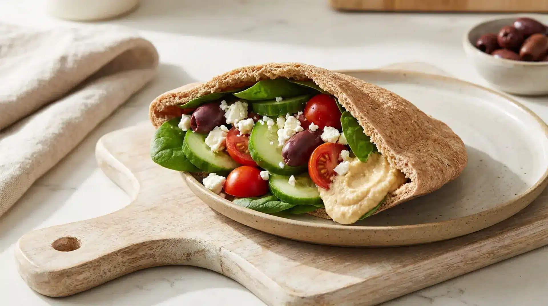 Whole-wheat pita filled with spinach, hummus, cucumber, cherry tomatoes, olives, and feta.