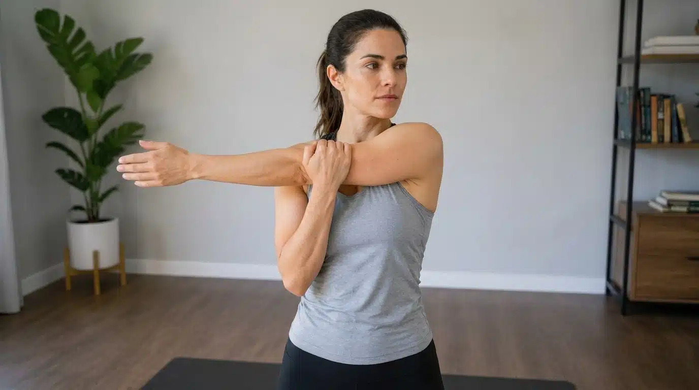 Woman doing a cross-body arm stretch to gently release chest and shoulder tension.