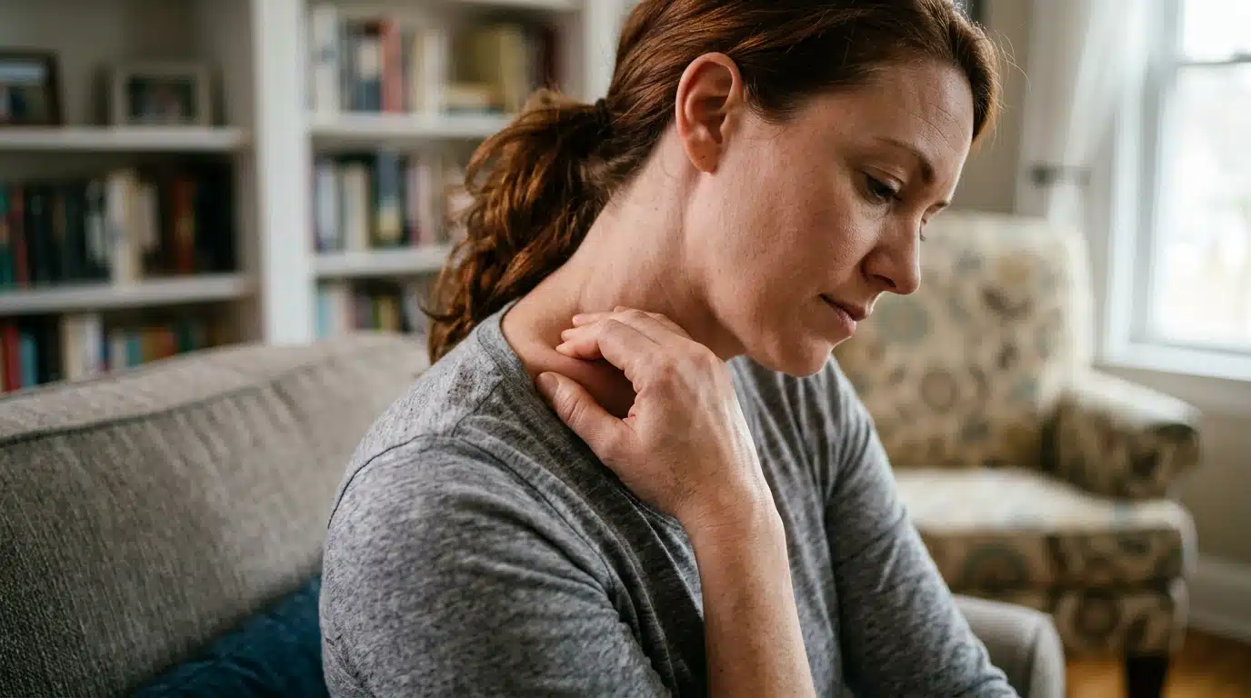 Woman gently kneading the upper trapezius muscle between the neck and shoulder during self massage