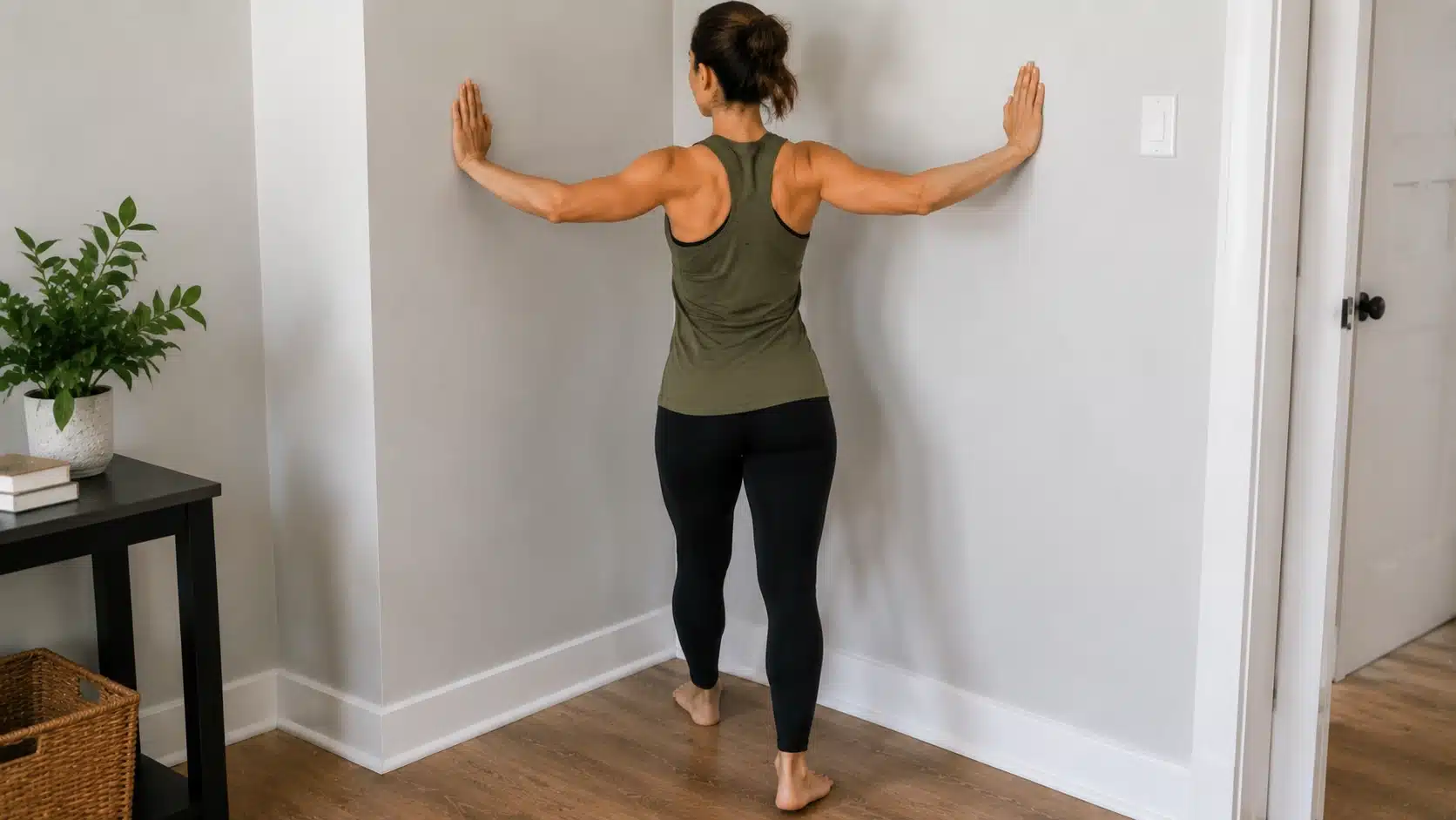 Woman performing a corner chest stretch against a wall.