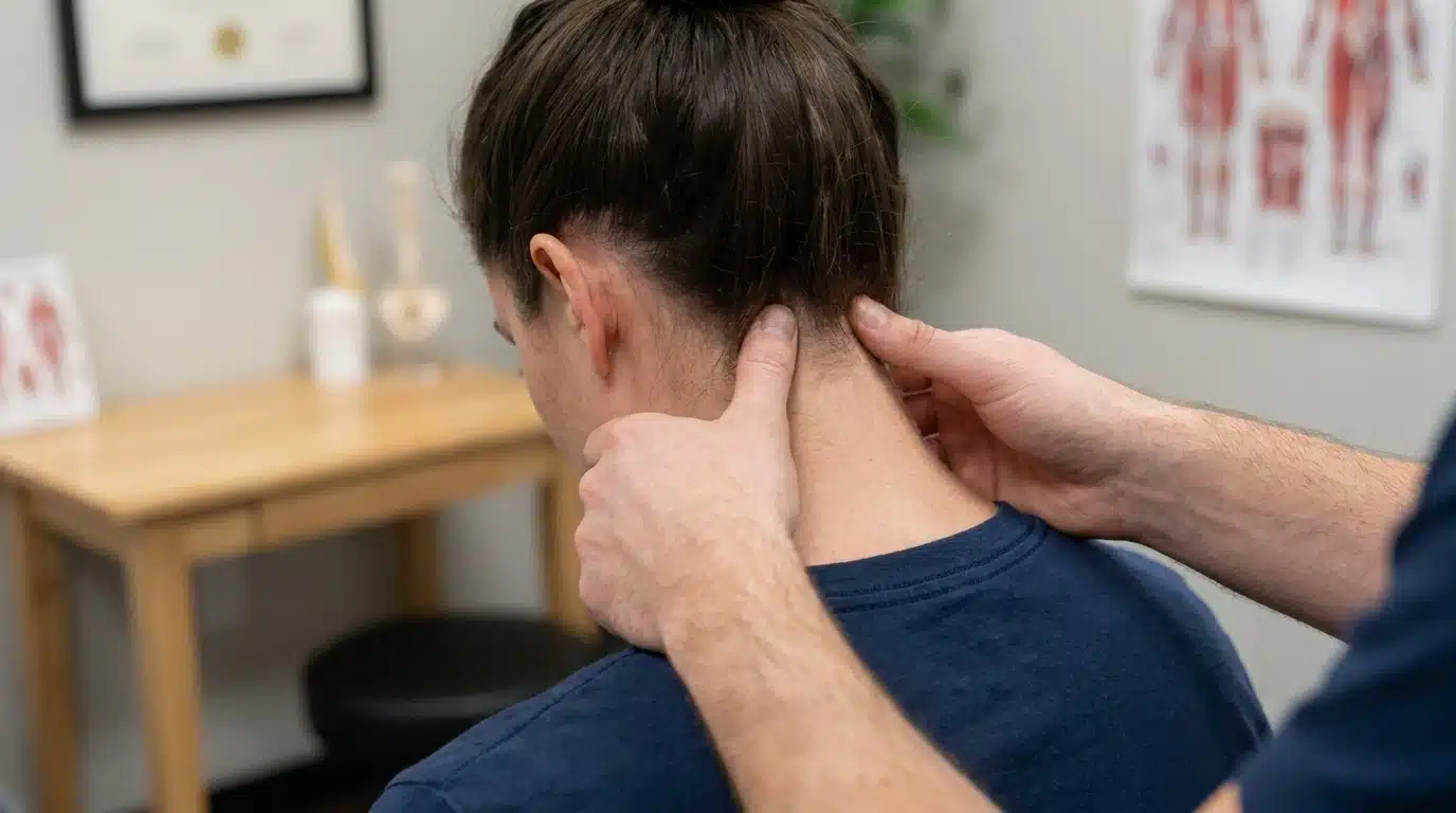 Woman performing a gentle squeeze and release massage technique on the upper trapezius muscle