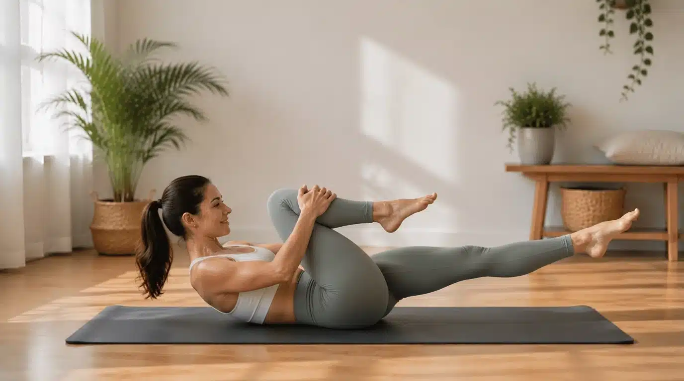 Woman performing a mat Pilates exercise at home on a yoga mat in a bright, peaceful room with natural light and plants.