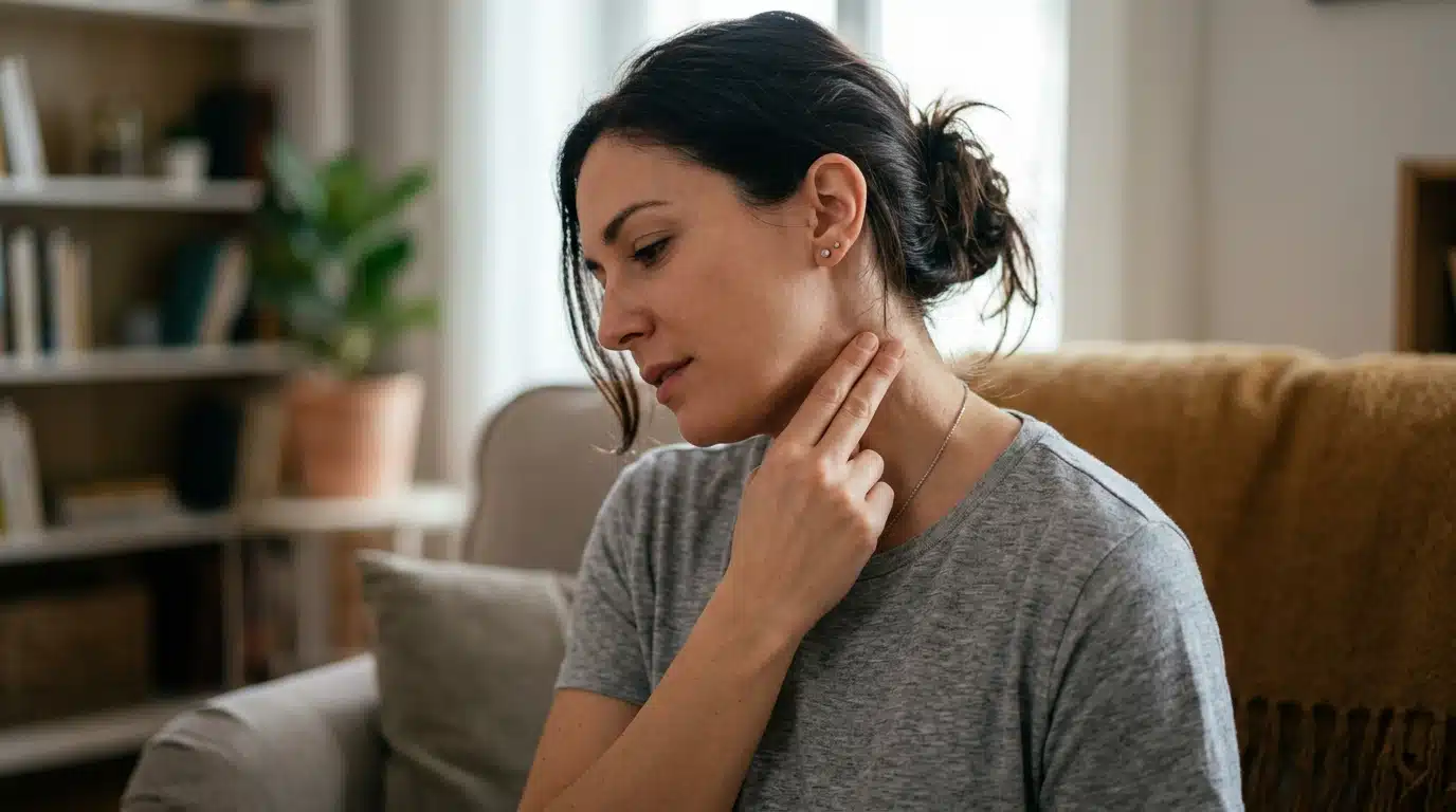 Woman using fingertips to apply small circular massage movements on neck and shoulder muscles