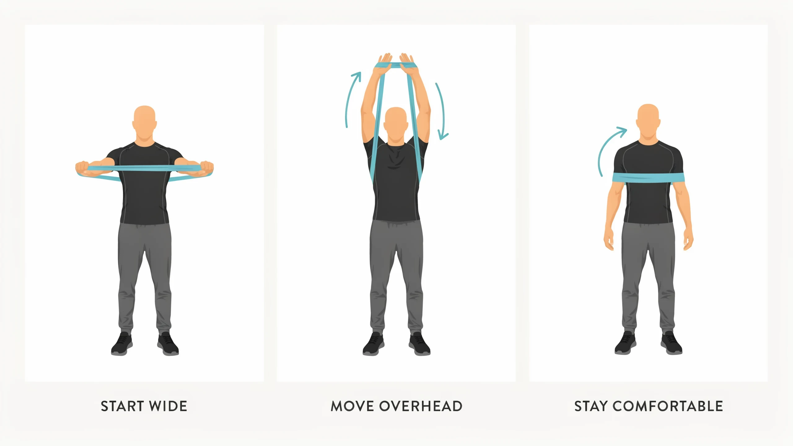 Three-step infographic showing correct form for a banded shoulder pass-through.