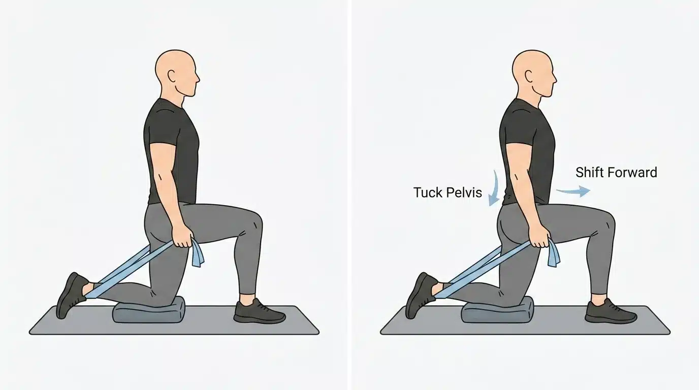 Infographic showing pelvic position and forward movement in a banded hip flexor stretch.
