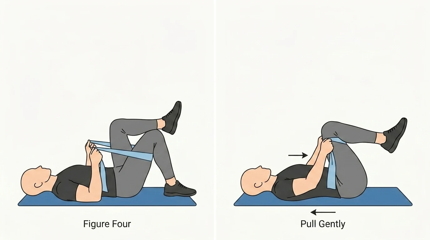 Two-panel infographic showing a lying figure-four glute stretch assisted by a band.