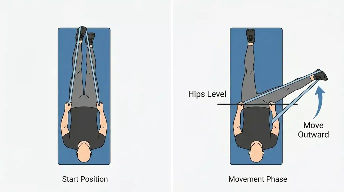 Top-view infographic showing a band-supported inner-thigh stretch with level hips.