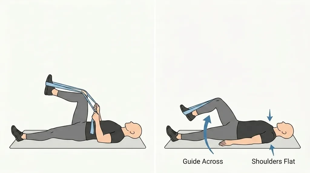 Two-panel infographic showing a band-assisted outer-hip stretch across the body.