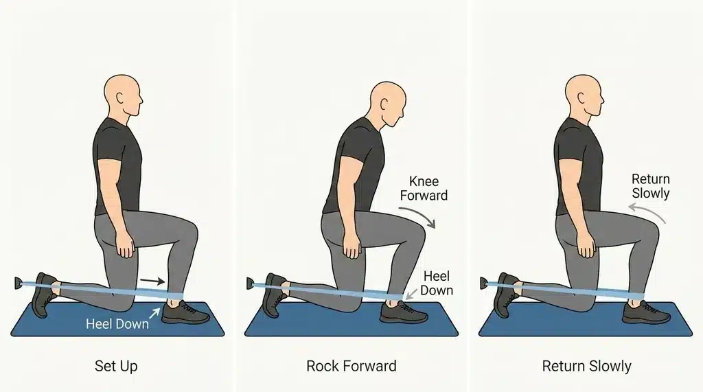 Three-step infographic showing a banded ankle mobility drill with the heel grounded.