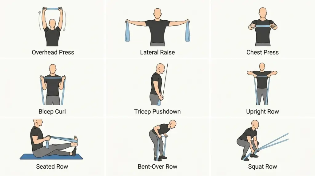 Illustrated grid showing nine upper- and lower-body resistance band exercises.