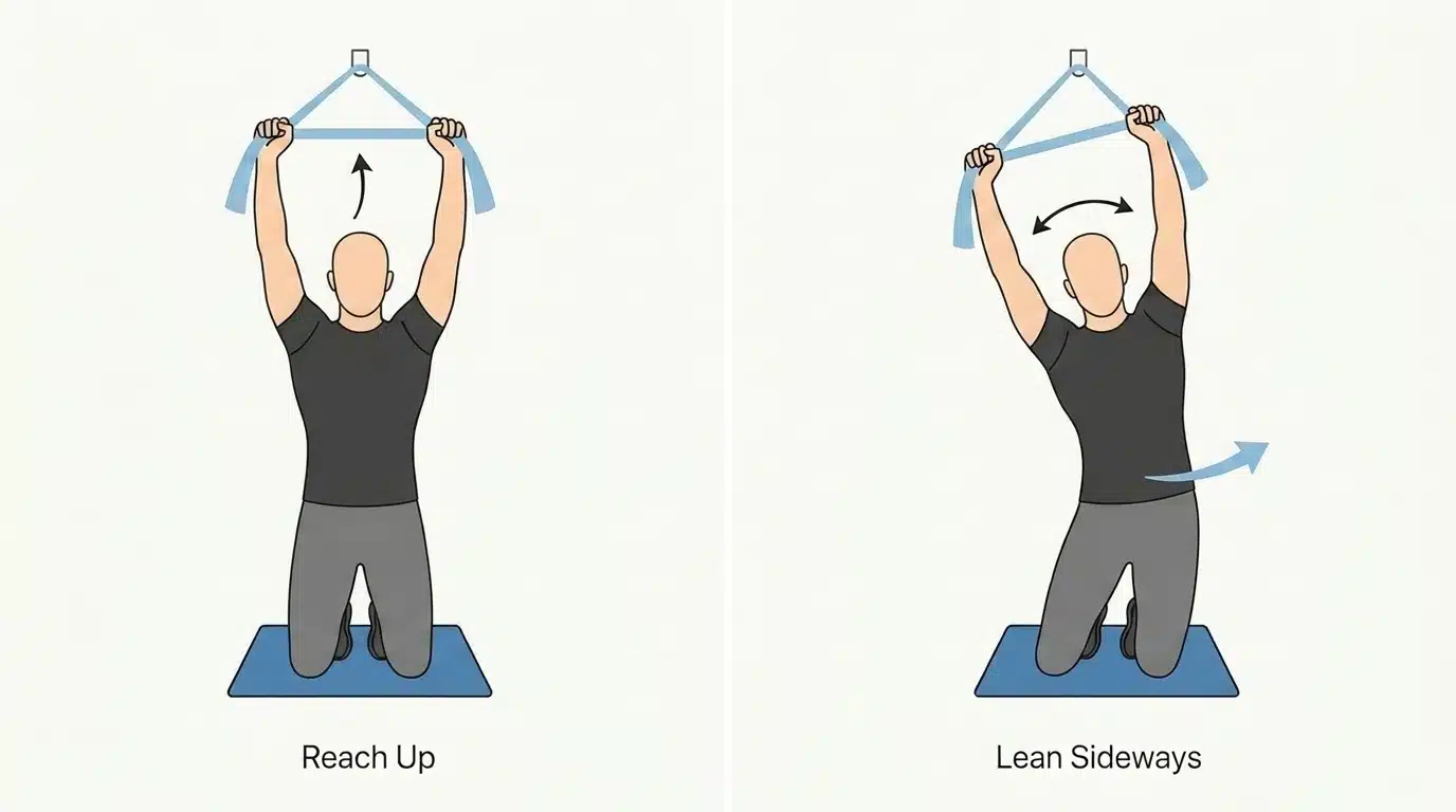 Two-panel infographic showing an overhead band lat stretch with a controlled side lean.