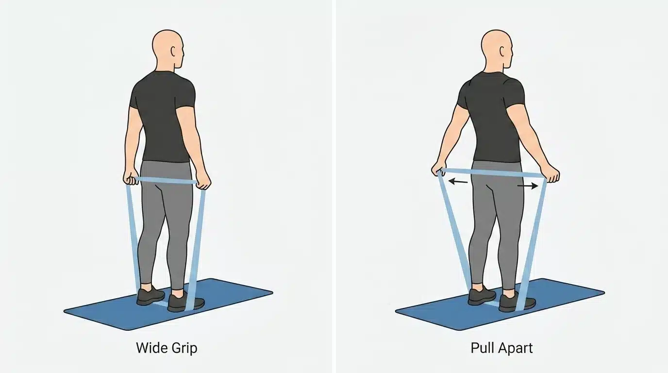 Two-panel infographic showing a standing banded chest stretch with a wide grip.