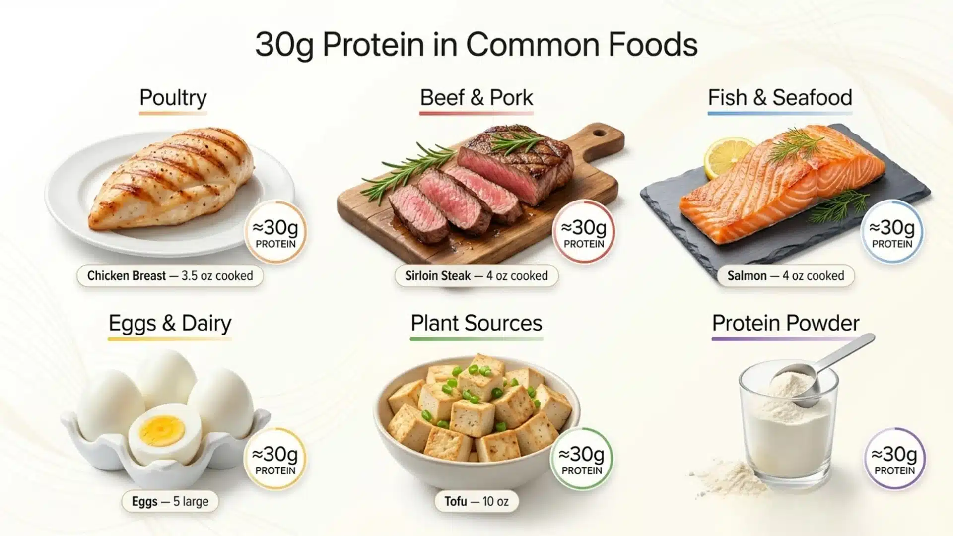 An infographic titled 30g Protein in Common Foods embedded within an article editor, illustrating serving sizes needed to reach 30 grams of protein across six food categories.