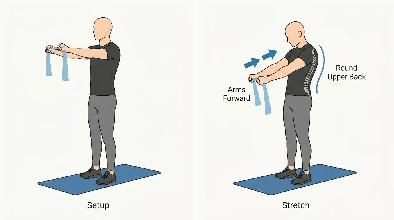 Two-step infographic showing a resistance band stretch for the upper back and rear shoulders.