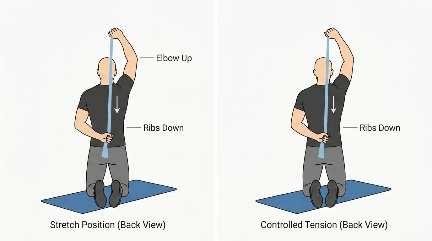 Infographic showing correct hand and elbow positions for a banded triceps stretch.
