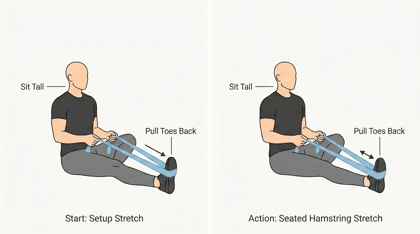 Infographic showing a seated hamstring stretch with a band around the foot.