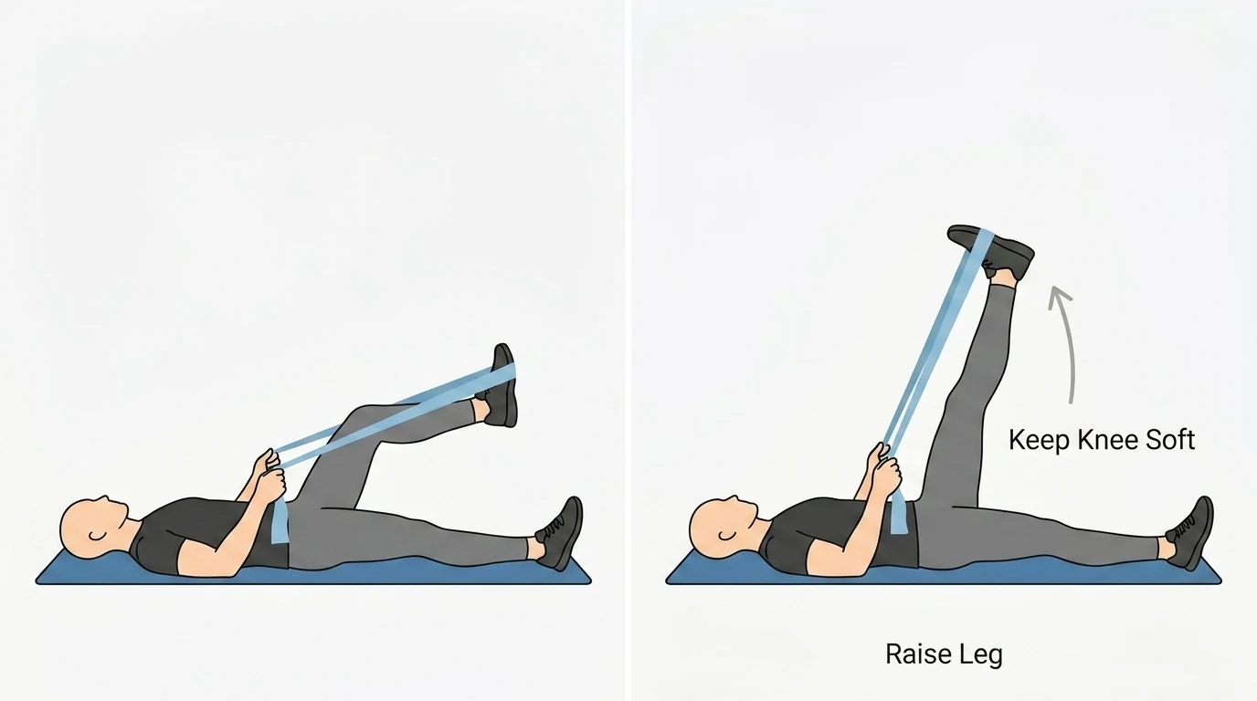 Two-panel infographic showing a controlled lying hamstring stretch with a resistance band.