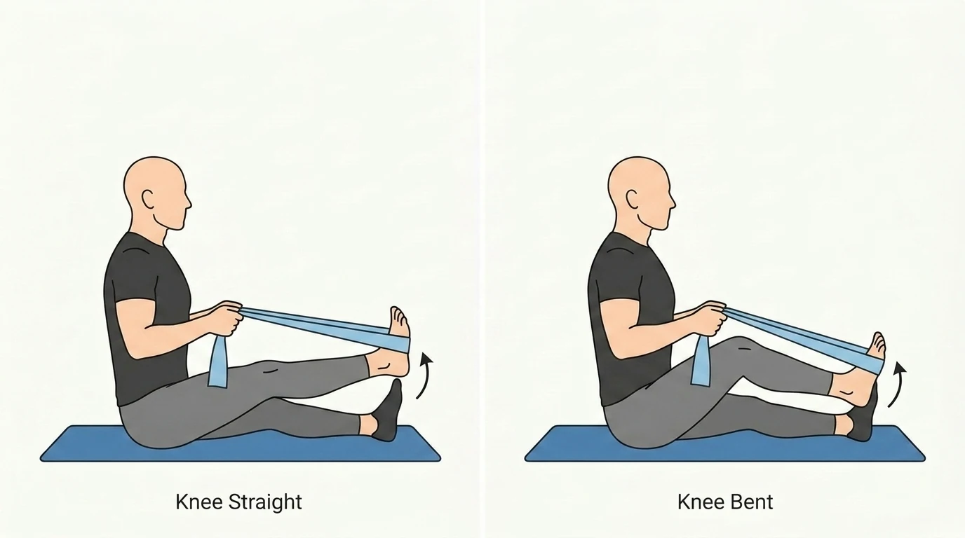 Infographic comparing straight-knee and bent-knee banded calf stretches.
